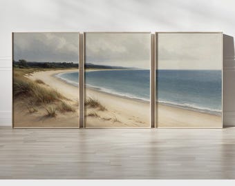 Coastal Landscape Wall Art Set of 3 | Minimal Beach Shore Canvas Prints with Sand Dunes, Sea and Sky | Tranquil Triptych for Coastal Decor