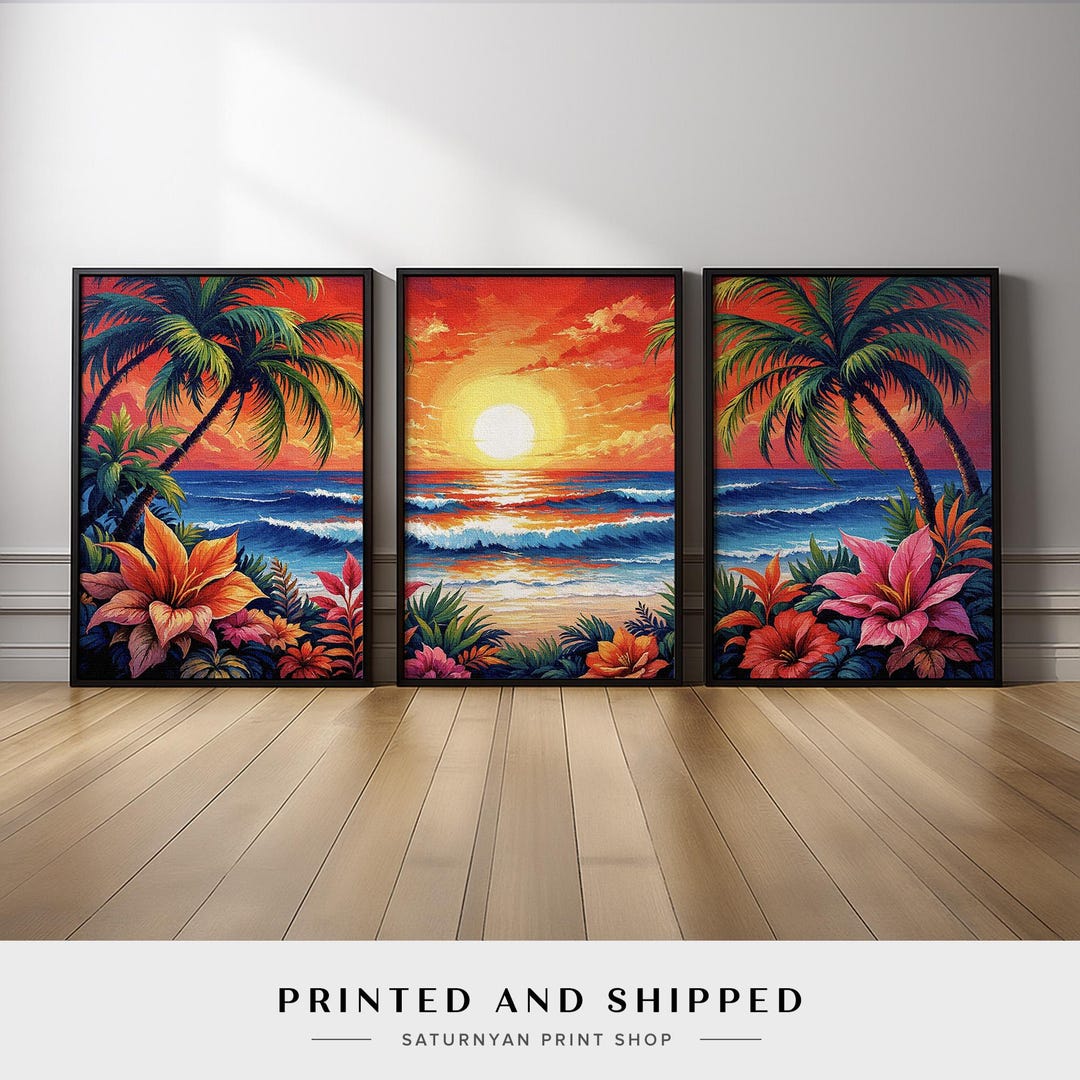 Tropical Sunset Triptych Wall Art | Colorful Beach Ocean View With Palm ...