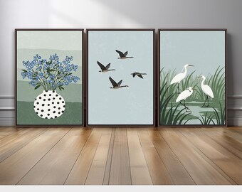 Bird Wall Art Set of 3 | Minimalist Nature Illustration Canvas Prints with Flying Birds and Florals for Calm Home Decor