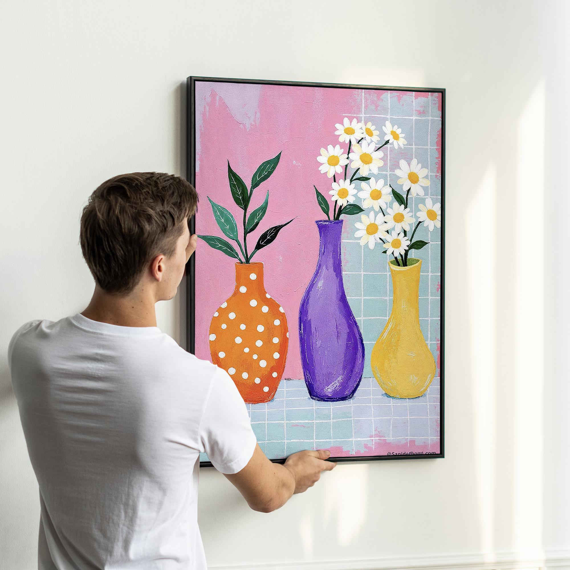 Colorful Floral Vase Wall Art Set of 3 | Modern Daisy Flower Prints for ...