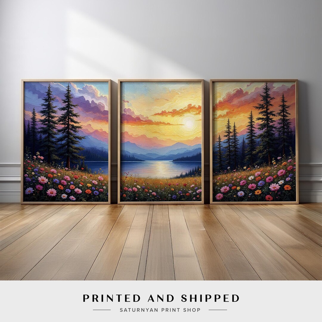 Sunset Lake and Wildflowers Canvas Print | 3 Piece Mountain Landscape ...