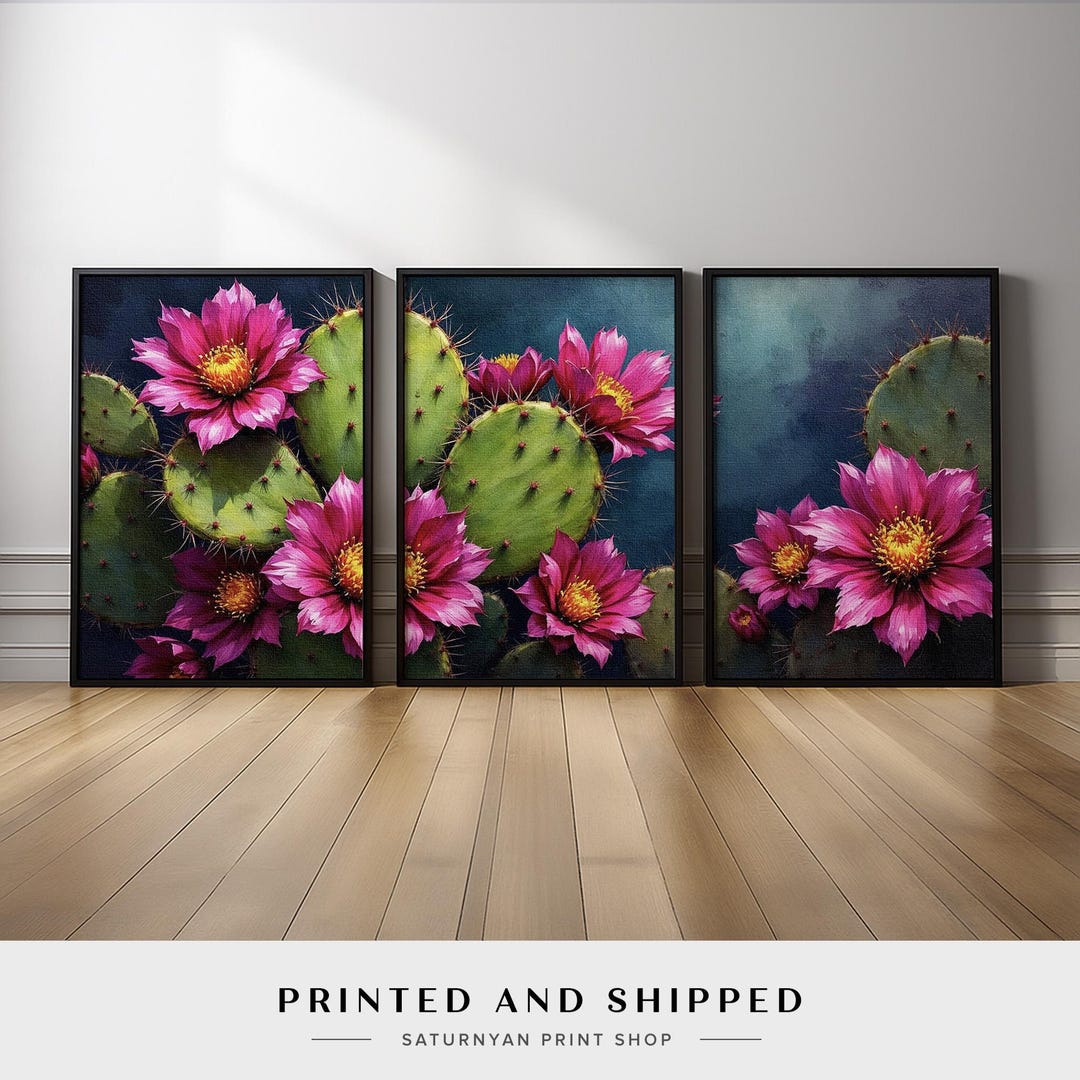 Cactus Flower Wall Art Triptych | Bold Pink Prickly Pear Botanical ...