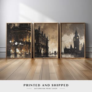 London Cityscape Wall Art Triptych | Big Ben and Architecture Canvas Prints in Warm Sepia Tones | Vintage European Urban Travel Home Decor
