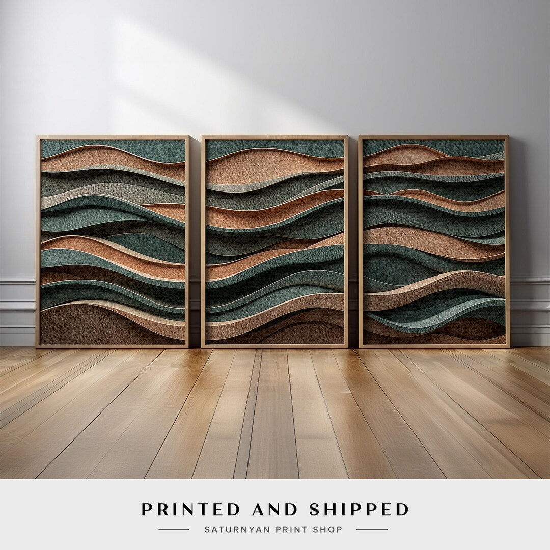 Abstract Layered Wave Wall Art Set of 3 | Sage Green Brown and Beige ...