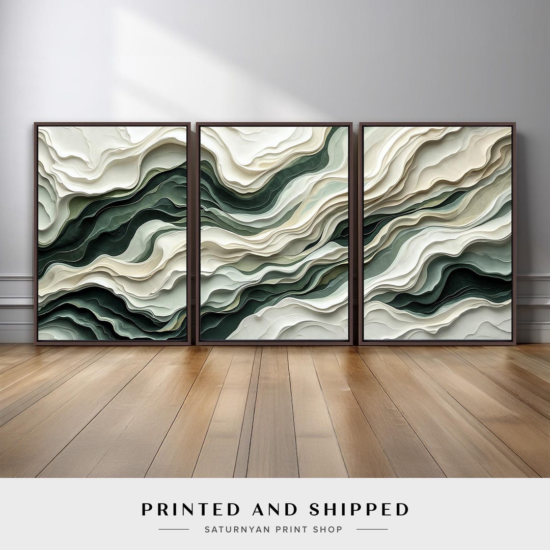 Sage Green Abstract Wall Art Set of 3 | Neutral Organic Wave Flow ...