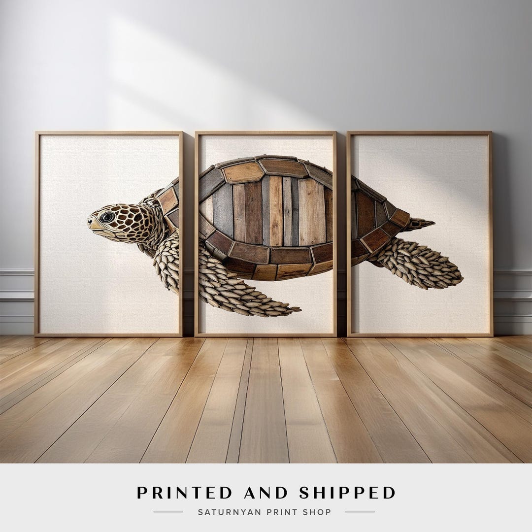 Wooden Sea Turtle Wall Art Set of 3 | Coastal Nautical Triptych With ...