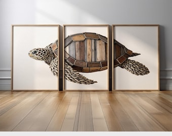 Wooden Sea Turtle Wall Art Set of 3 | Coastal Nautical Triptych with Rustic Wood | Beach House Decor Ocean Animal Canvas Prints