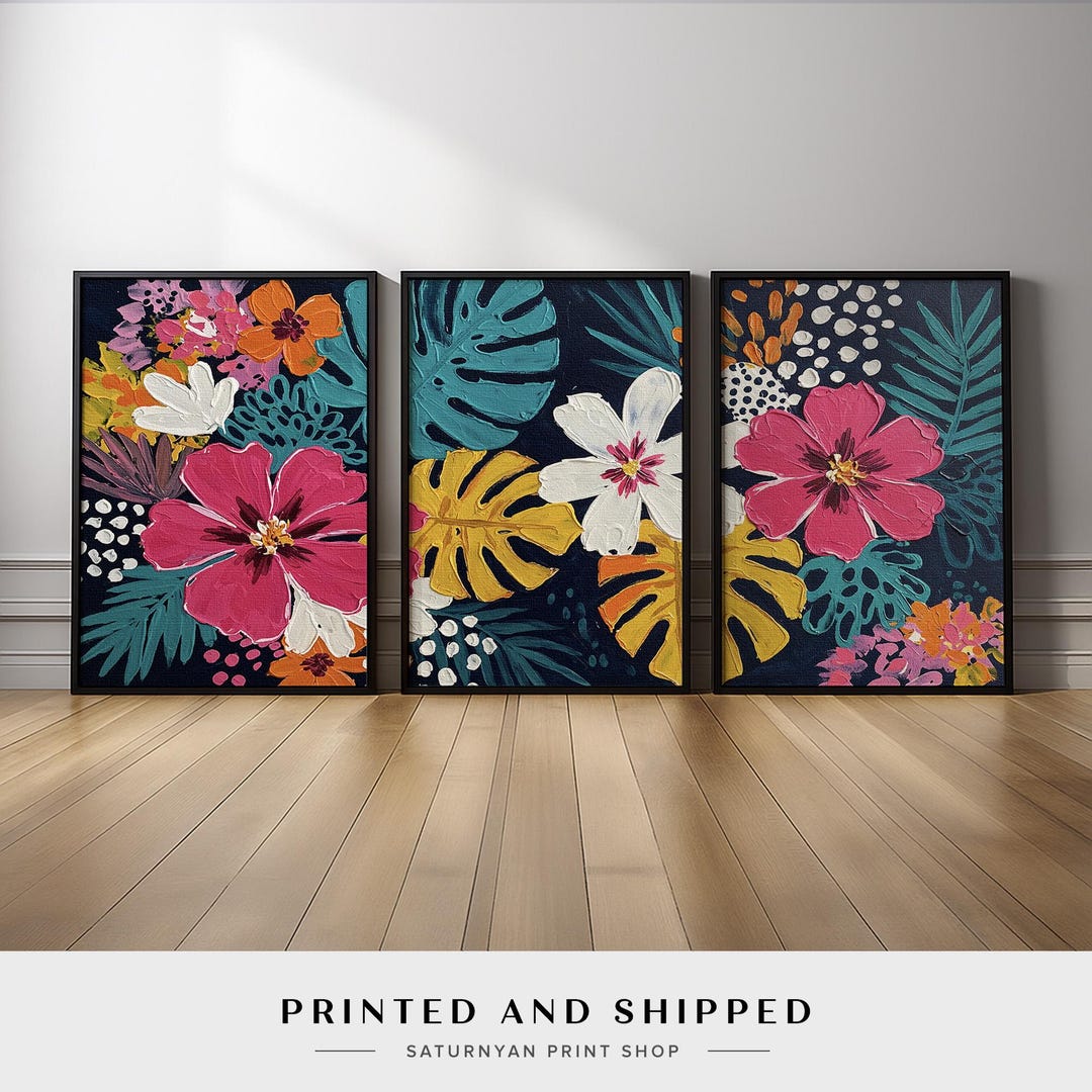 Botanical Wall Art Set of 3 | Modern Tropical Floral Triptych Canvas ...