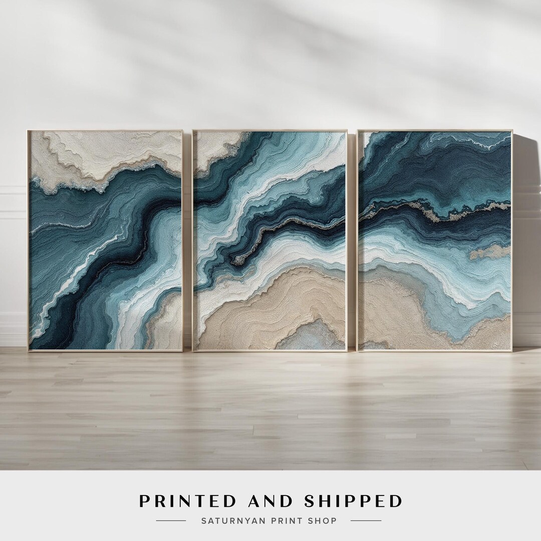 Ocean Abstract Wall Art Set of 3 | Coastal Triptych Canvas in Blue ...