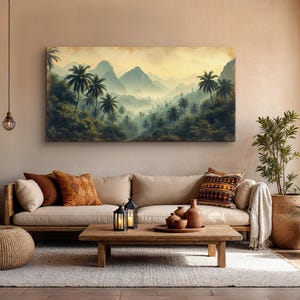 Tropical Palm Tree Wall Art, Misty Jungle Landscape Painting, Large Canvas Print, Coastal Nature Decor, Green Botanical Artwork for Home