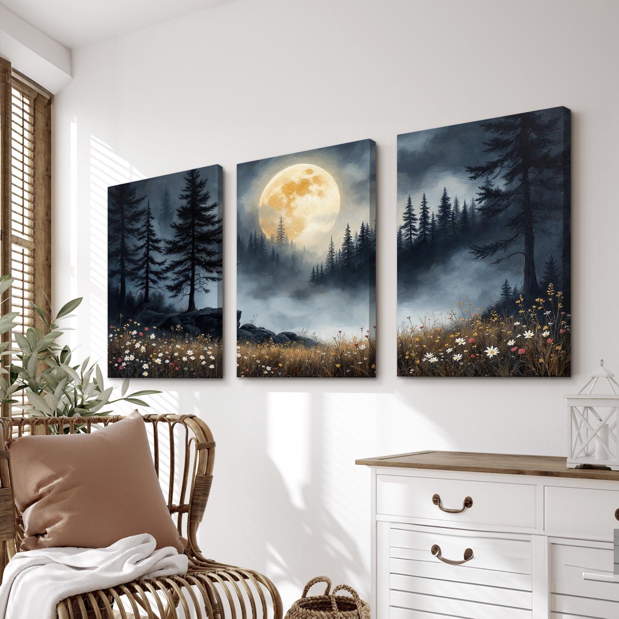 Moonlit Night Forest Wall Art Set of 3 | Full Moon Pine Tree Landscape ...