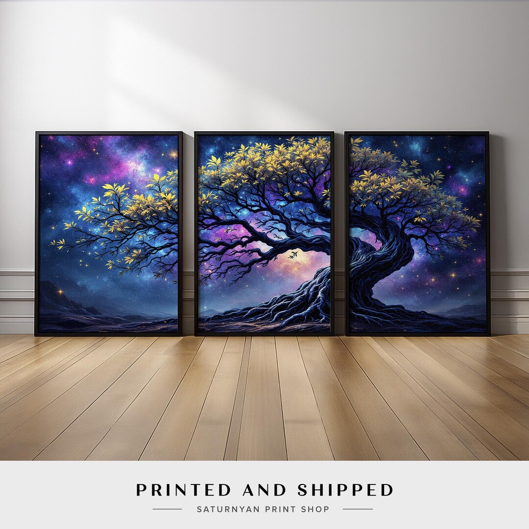 Cosmic Fantasy Tree Wall Art Set of 3 | Enchanted Night Sky Galaxy ...