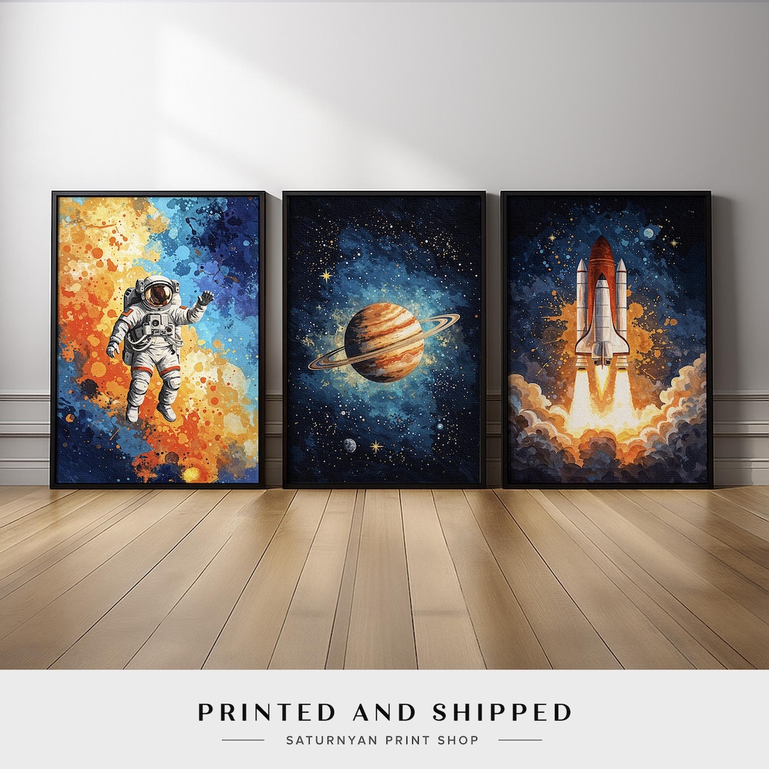 Space Wall Art Set of 3 | Astronaut Planet Rocket Canvas Prints, Outer ...