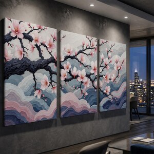 Japanese Cherry Blossom Wall Art Set, Sakura Tree Wall Decor, Elegant Floral Triptych, Zen Meditation Art, Soft Pink Nature Canvas Print bild 5