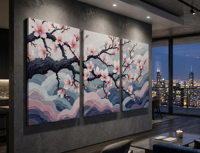 Japanese Cherry Blossom Wall Art Set, Sakura Tree Wall Decor, Elegant Floral Triptych, Zen Meditation Art, Soft Pink Nature Canvas Print bild 5