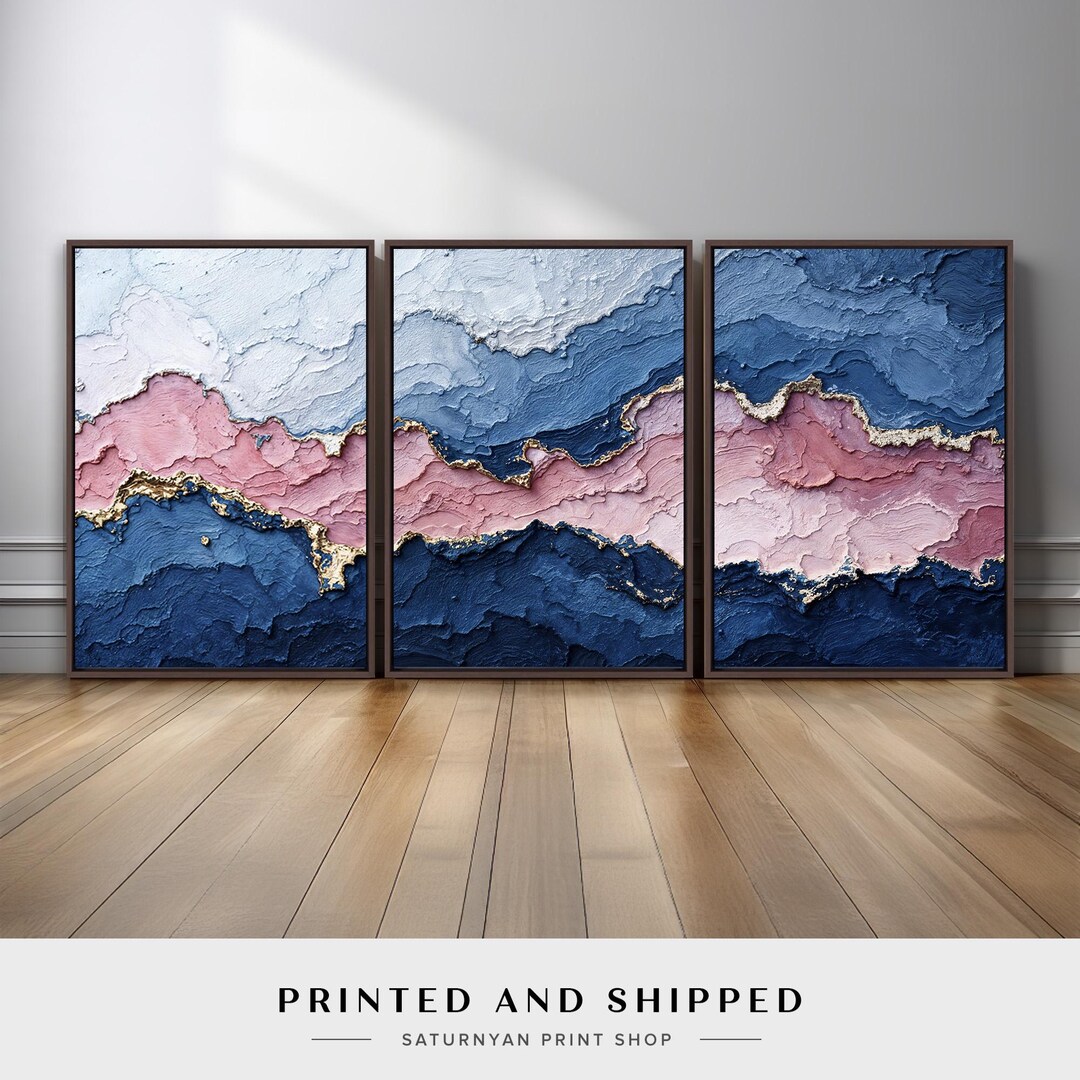 Luxury Pink and Blue Abstract Wall Art | Set of 3 Canvas Prints With ...