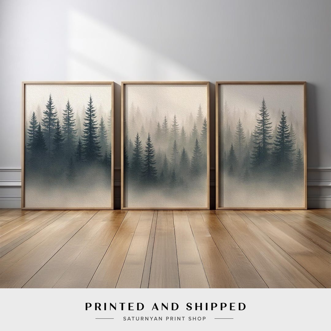 Neutral Woodland Wall Art Set | Misty Pine Tree Triptych With Soft Fog ...