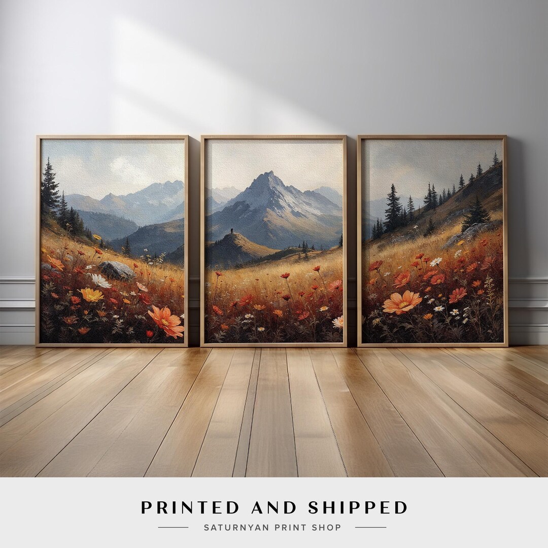 Autumn Mountain Landscape Wall Art Set of 3 | Rustic Meadow Flowers and ...