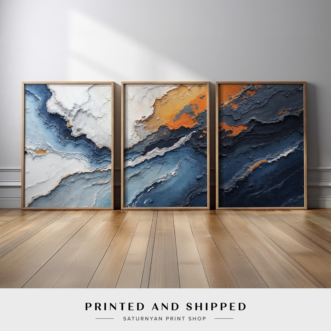 Modern Wave Abstract Wall Art Set | Rustic Ocean Inspired in Navy ...