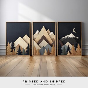 Woodland Geometric Mountain Art | Scandinavian Style Triptych | Nature Landscape Wall Decor | Neutral Boho Forest Print, Alpine Artwork