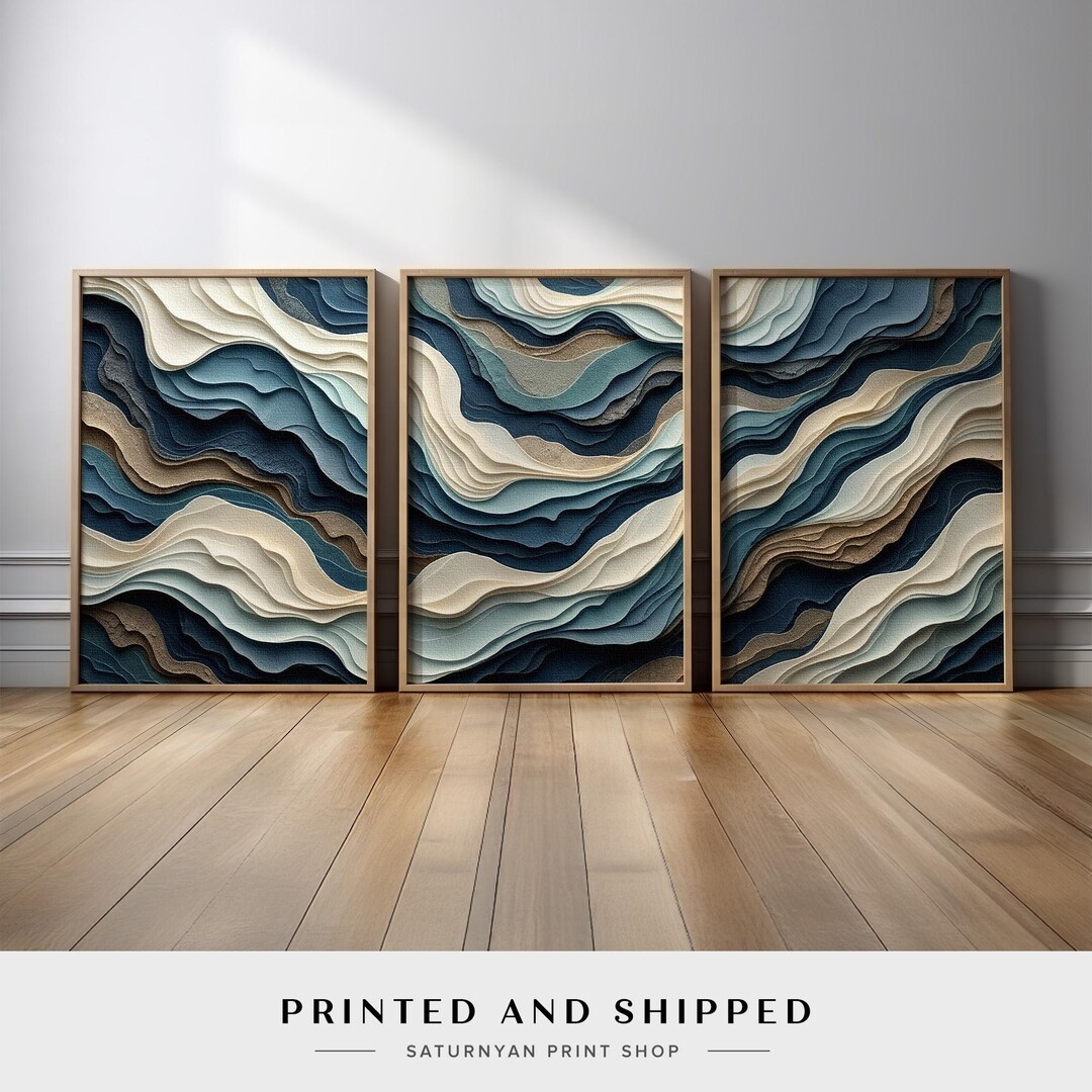 Coastal Ocean Inspired Abstract Wall Art Set of 3 | Blue Navy Beige ...