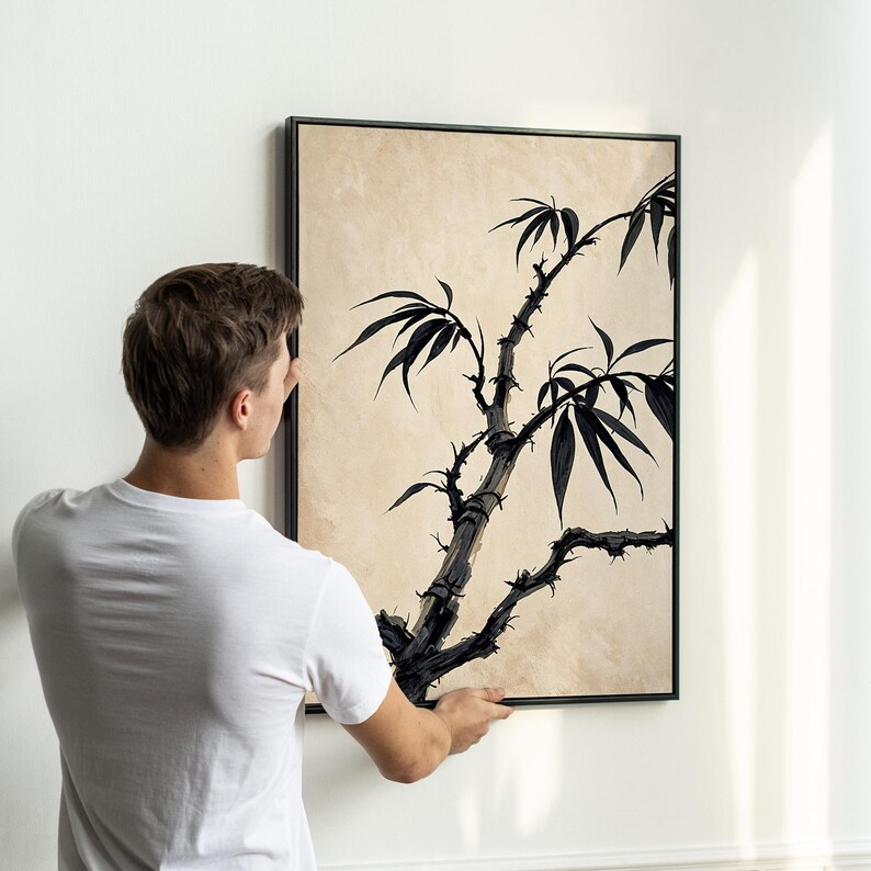 Japanese Minimalist Bamboo Wall Art Set of 3 | Zen Sumi-e Ink Painting ...