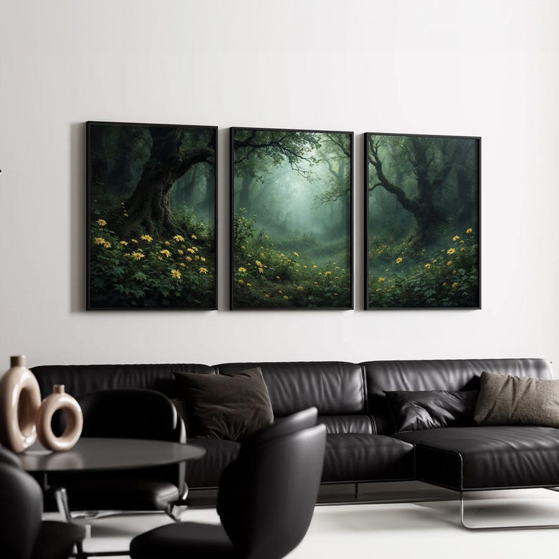 Forest Wall Art Triptych | Dark Green Misty Woodland Canvas Prints With ...