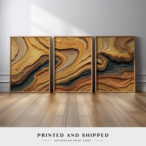 Wood Grain Pattern Triptych Wall Art Set | Abstract Earth Canvas Prints in Warm Rustic Tones | Layered Natural Lines for Living Room Decor