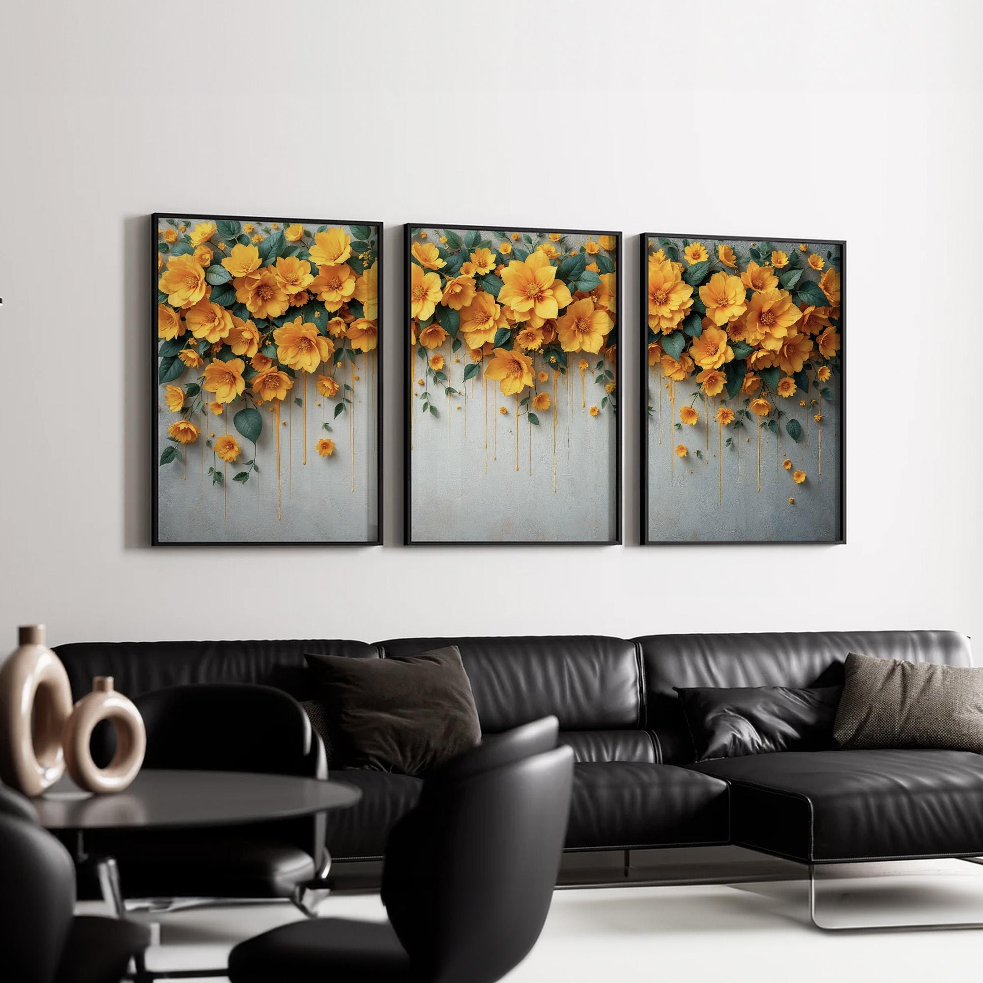 Yellow Floral Wall Art | Set of 3 Cascading Bloom Canvas Prints ...