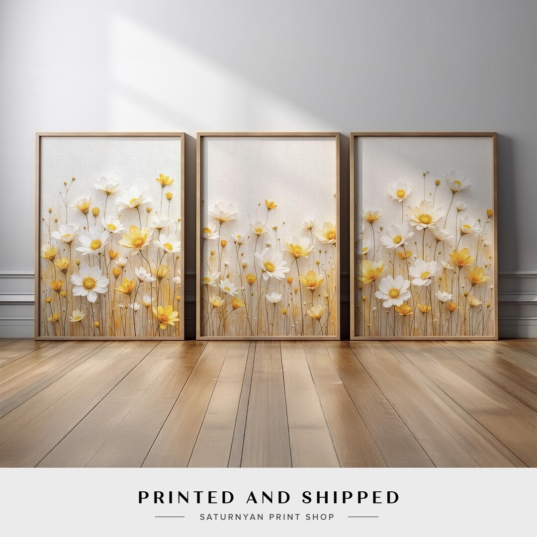 Floral Wall Art Set of 3 | White and Yellow Flower Canvas Prints for ...