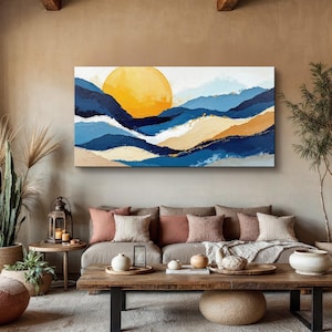 Abstract Mountain Landscape Wall Art, Blue and Gold Sun Canvas Print, Nature Artwork, Modern Home Decor, Minimalist Mountain Scene