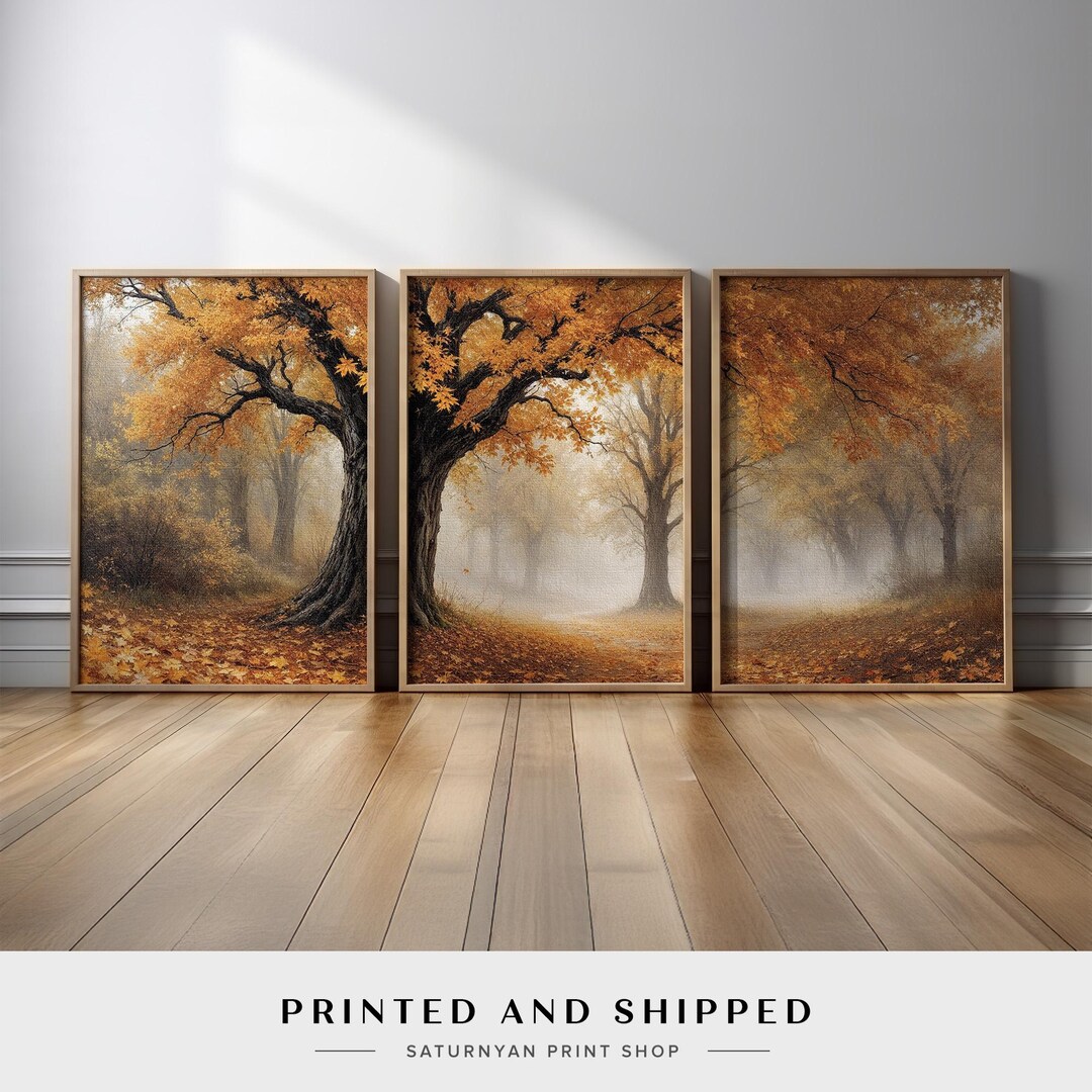 Autumn Forest Wall Art Set of 3 | Golden Fall Landscape Canvas Triptych ...