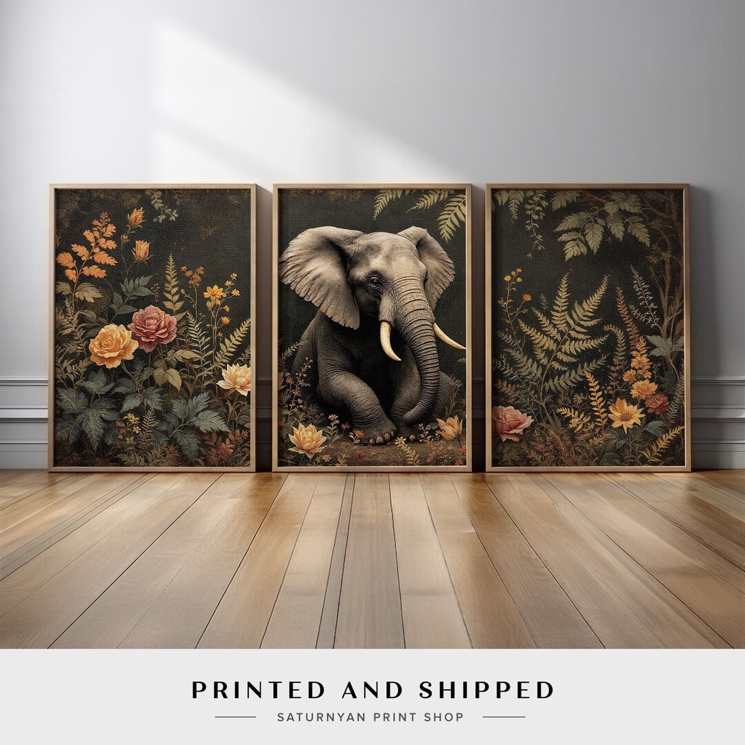Elephant Wall Art Triptych | Vintage Jungle Safari Animal Print Set ...