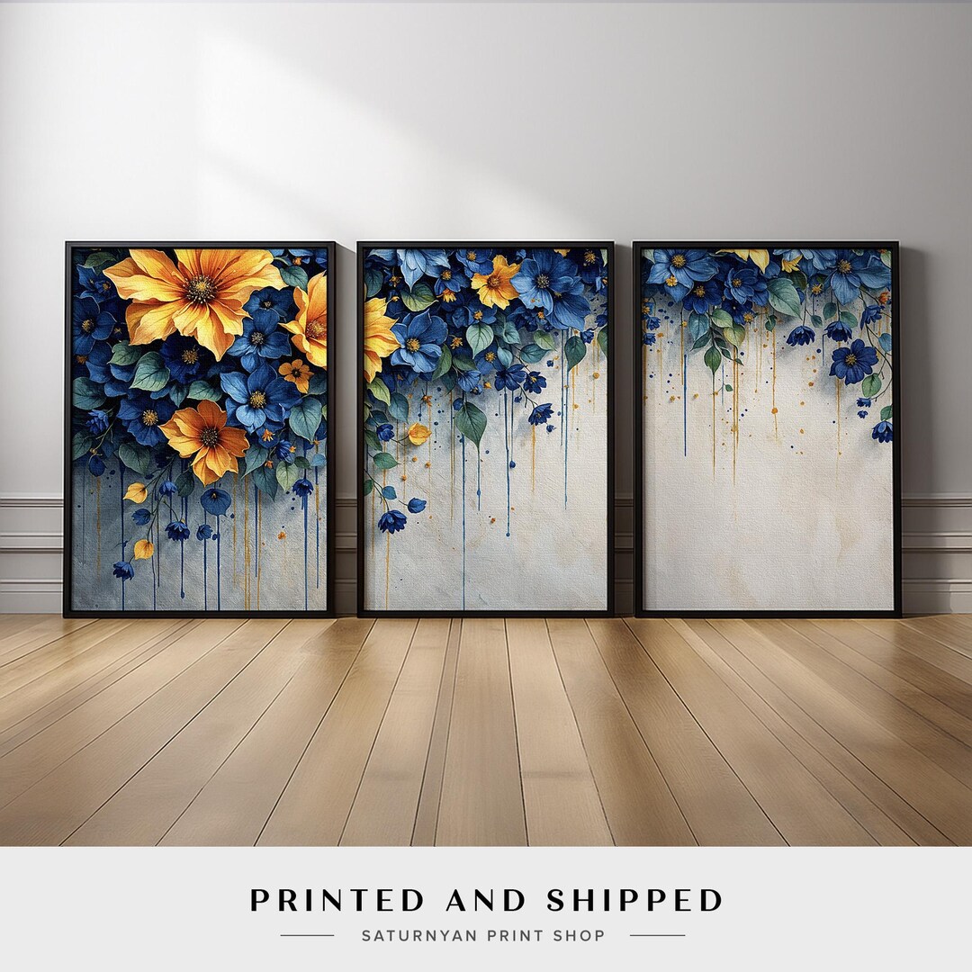 Blue Yellow Floral Wall Art | Set of 3 Cascading Botanical Canvas ...