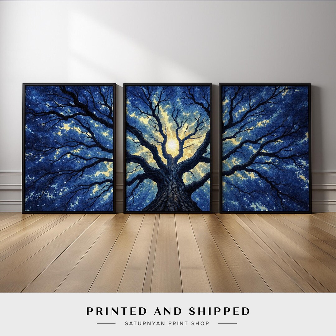 Tree of Life Wall Art Set of 3 | Blue and Gold Glowing Tree Triptych ...