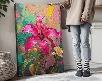 Lámina de hibisco, decoración de pared con flores, arte floral tropical, lámina botánica, vibrante arte floral de hibisco, decoración tropical para el hogar.