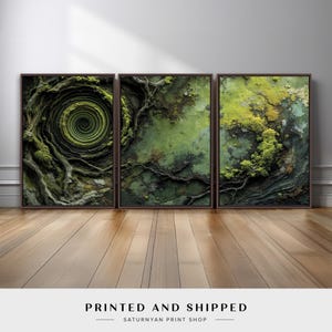 May include: Triptych of framed art prints featuring abstract nature scenes. The artwork showcases a spiral, mossy textures, and tree roots in shades of green and brown. The text "PRINTED AND SHIPPED" is visible at the bottom.
