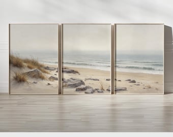Coastal Beach Triptych Wall Art Set of 3 | Neutral Toned Ocean Shore with Rocks and Grass | Serene Nature-Inspired Canvas for Modern Decor