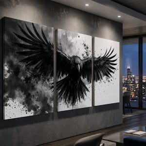 Raven Wall Art Set of 3 | Black and White Ink Splash Canvas Prints with Crow Wings Spread | Gothic Abstract Triptych for Modern Decor image 7