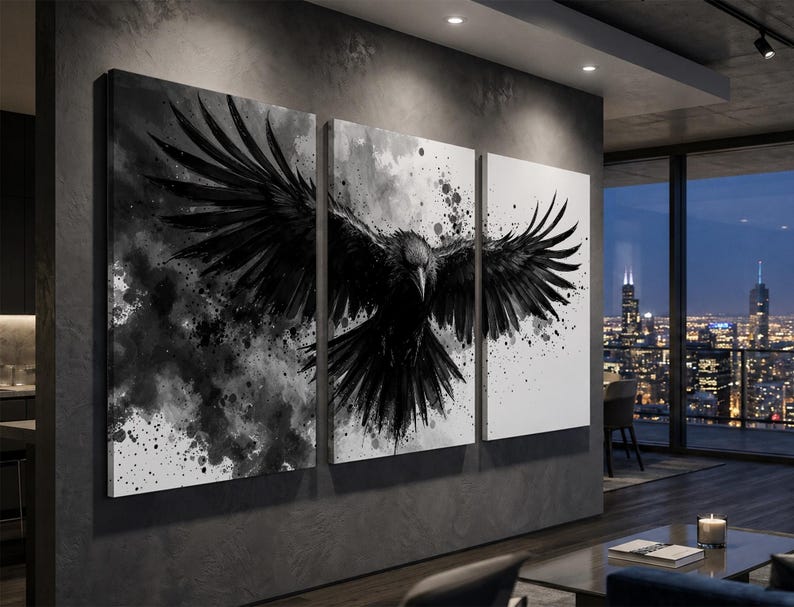 Raven Wall Art Set of 3 | Black and White Ink Splash Canvas Prints with Crow Wings Spread | Gothic Abstract Triptych for Modern Decor image 7