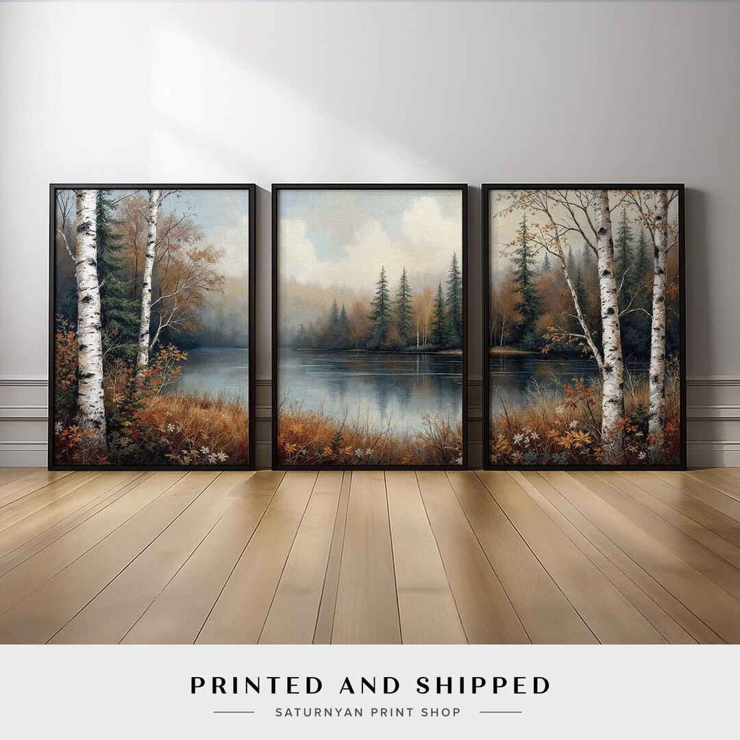 Autumn Landscape Wall Art Set of 3 | Birch Tree and Forest Lake Scene ...