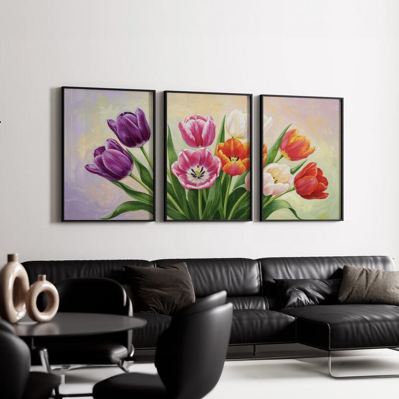 Spring Floral Wall Art Set of 3 | Tulip Flower Triptych in Pastel Tones ...