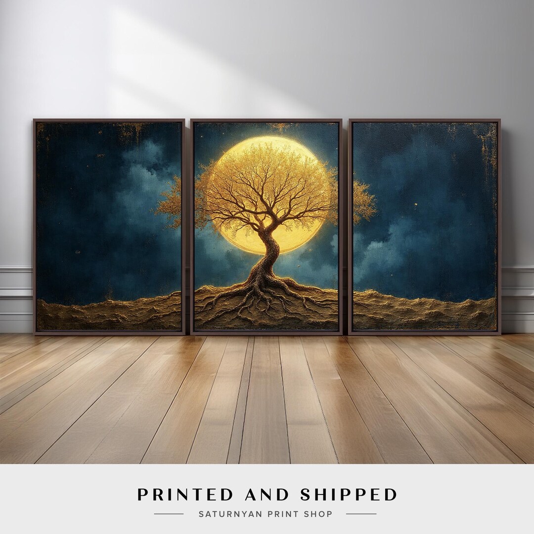Celestial Tree of Life Triptych Wall Art | Golden Moon Fantasy Canvas ...