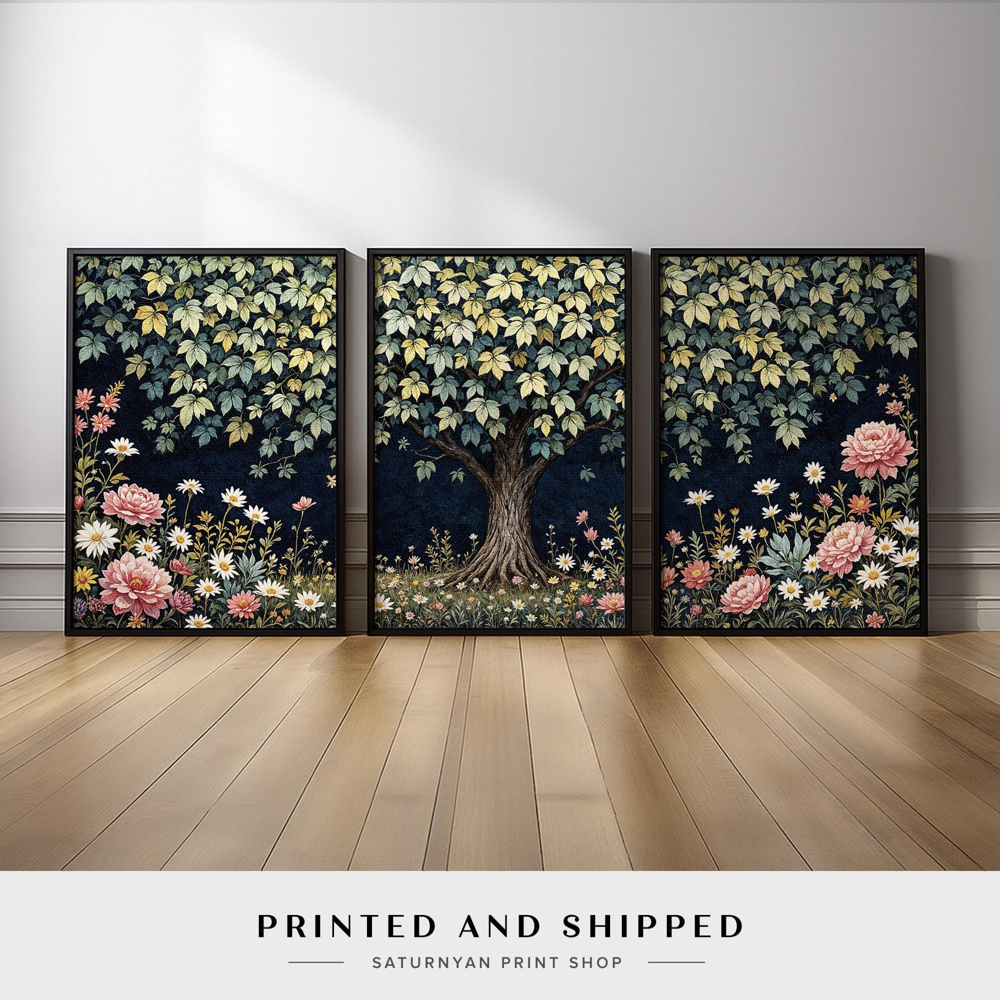 Floral Tree Wall Art Set of 3 | Cottagecore Garden Triptych With Pink ...