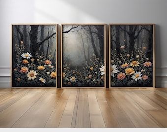 Dark Moody Floral Forest Triptych | Wildflowers in Misty Woodland Canvas Prints Set of 3 | Cottagecore Gothic Boho Nature Poster Wall Art