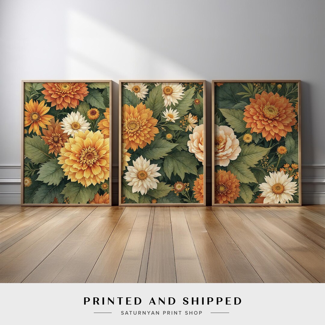Vintage Floral Wall Art Set of 3 | Botanical Orange Yellow White Canvas ...