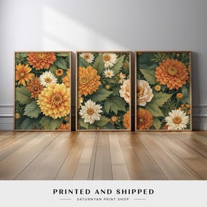 Vintage Floral Wall Art Set of 3 | Botanical Orange Yellow White Canvas Prints | Cottagecore Flower Wall Decor | Rustic Farmhouse Nature Art