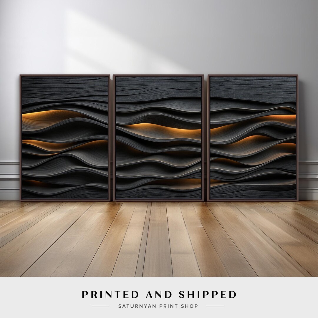 Luxury Abstract Wall Art Set of 3 | Black and Gold Triptych Large ...