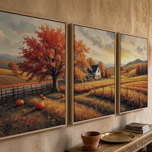 Autumn Farmhouse Wall Art Set of 3 | Rustic Pumpkin Patch & Fall Landscape Triptych with Golden Trees and Rolling Hills Canvas Prints