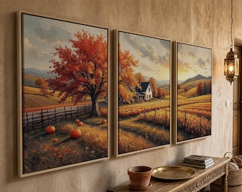 Autumn Farmhouse Wall Art Set of 3 | Rustic Pumpkin Patch & Fall Landscape Triptych with Golden Trees and Rolling Hills Canvas Prints